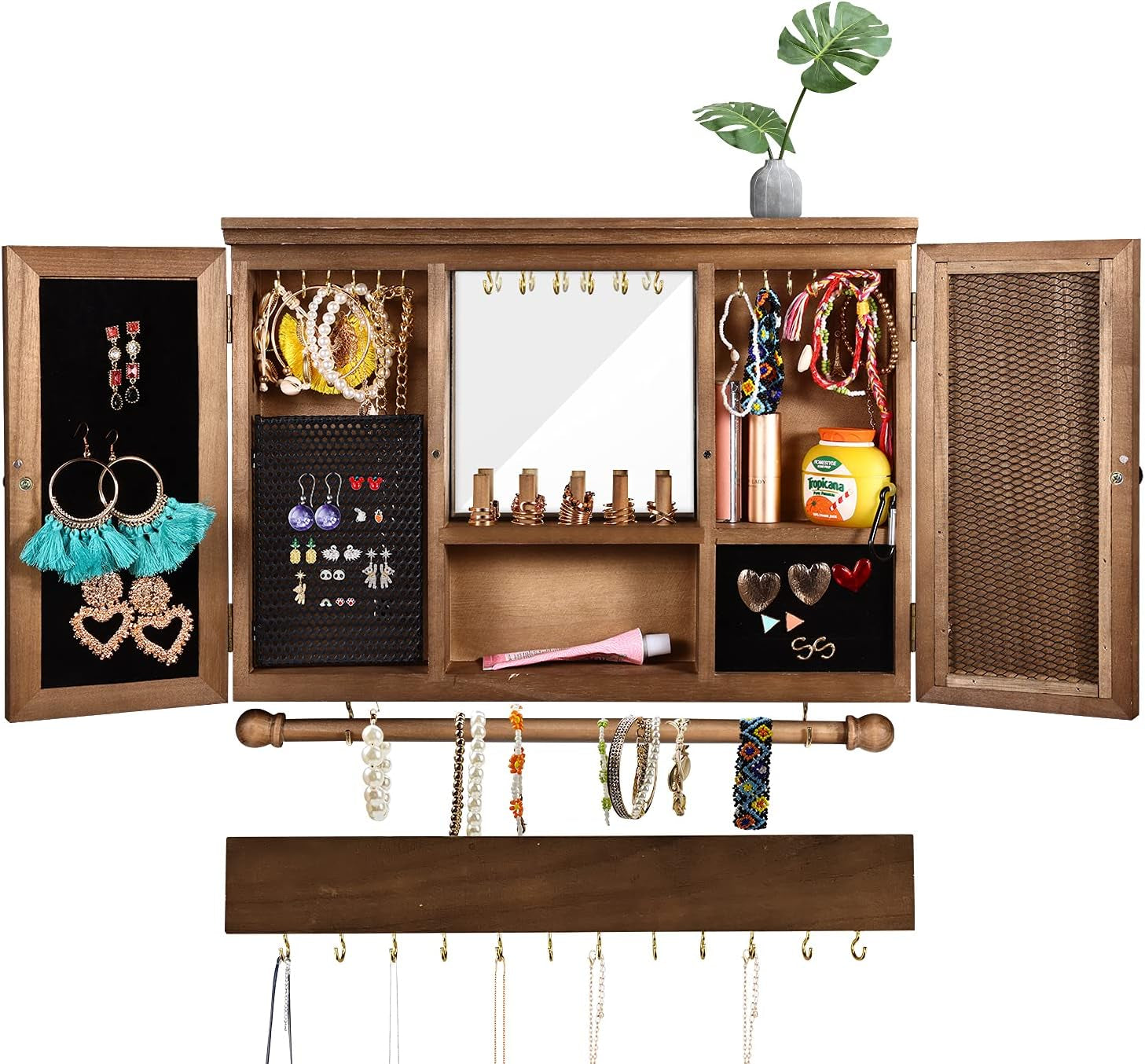 Wall Jewelry Organizer Wall Mounted Necklace Holder Hanging Earring Organizer Wooden Mirror Jewelry Cabinet Makeup and Jewelry Organizer Bracelet Holder Vintage Ring Necklace Holder - Brown