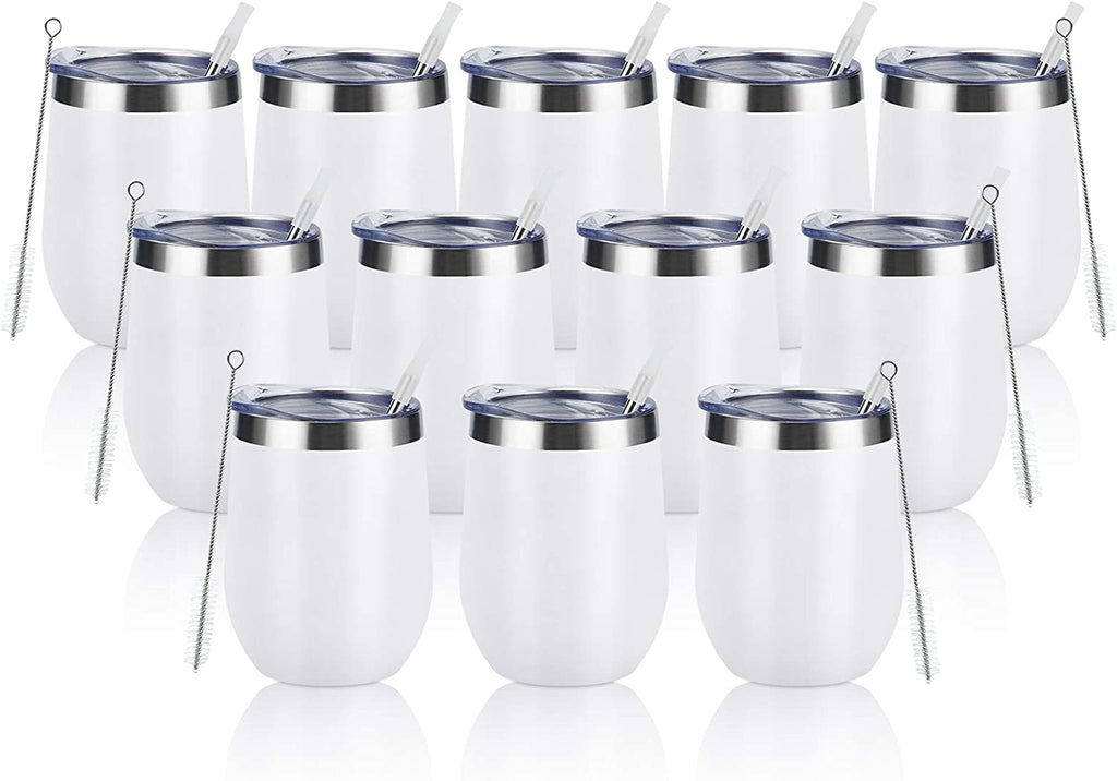 12 Pack Stainless Steel Wine Tumblers, 12Oz Double Wall Vacuum Insulated Wine Tumblers with Lids and Straws, Stainless Steel Stemless Wine Glasses for Coffee, Wine, Cocktails, Champaign, White…