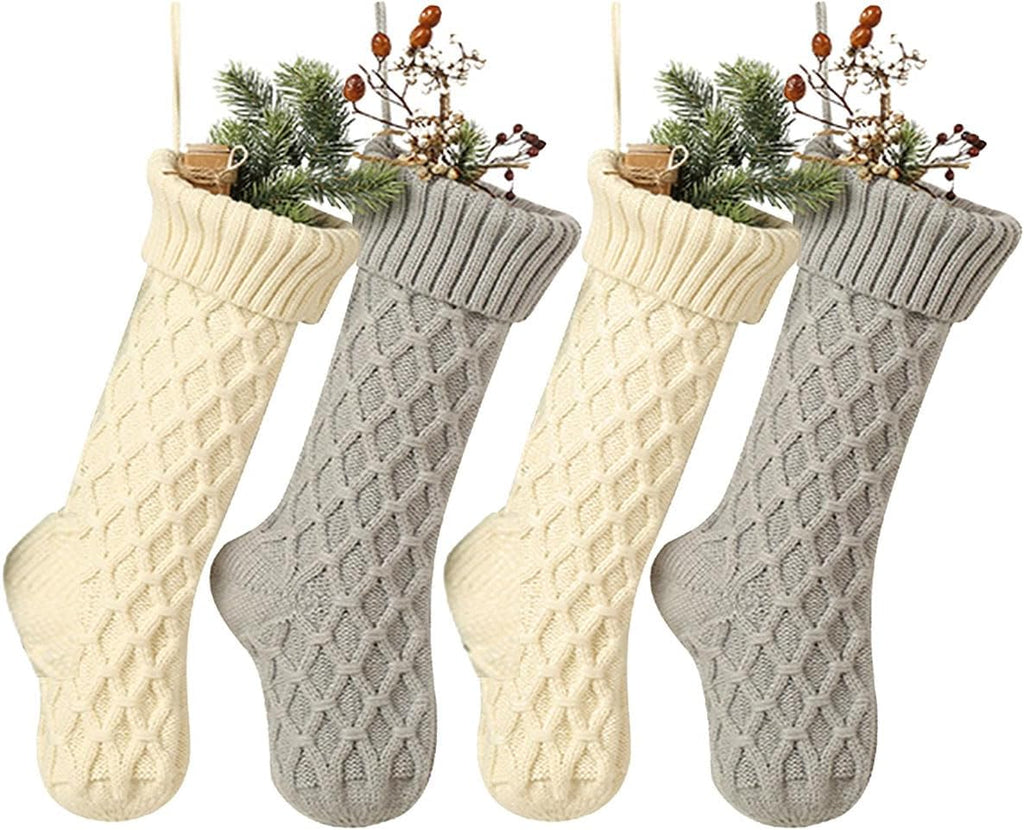 Christmas Stockings Cable Knit Argyle Xmas Stockings 18 Inches Large Size Personalized Ivory White and Gray for Family Holiday Season Decor 4 Pack