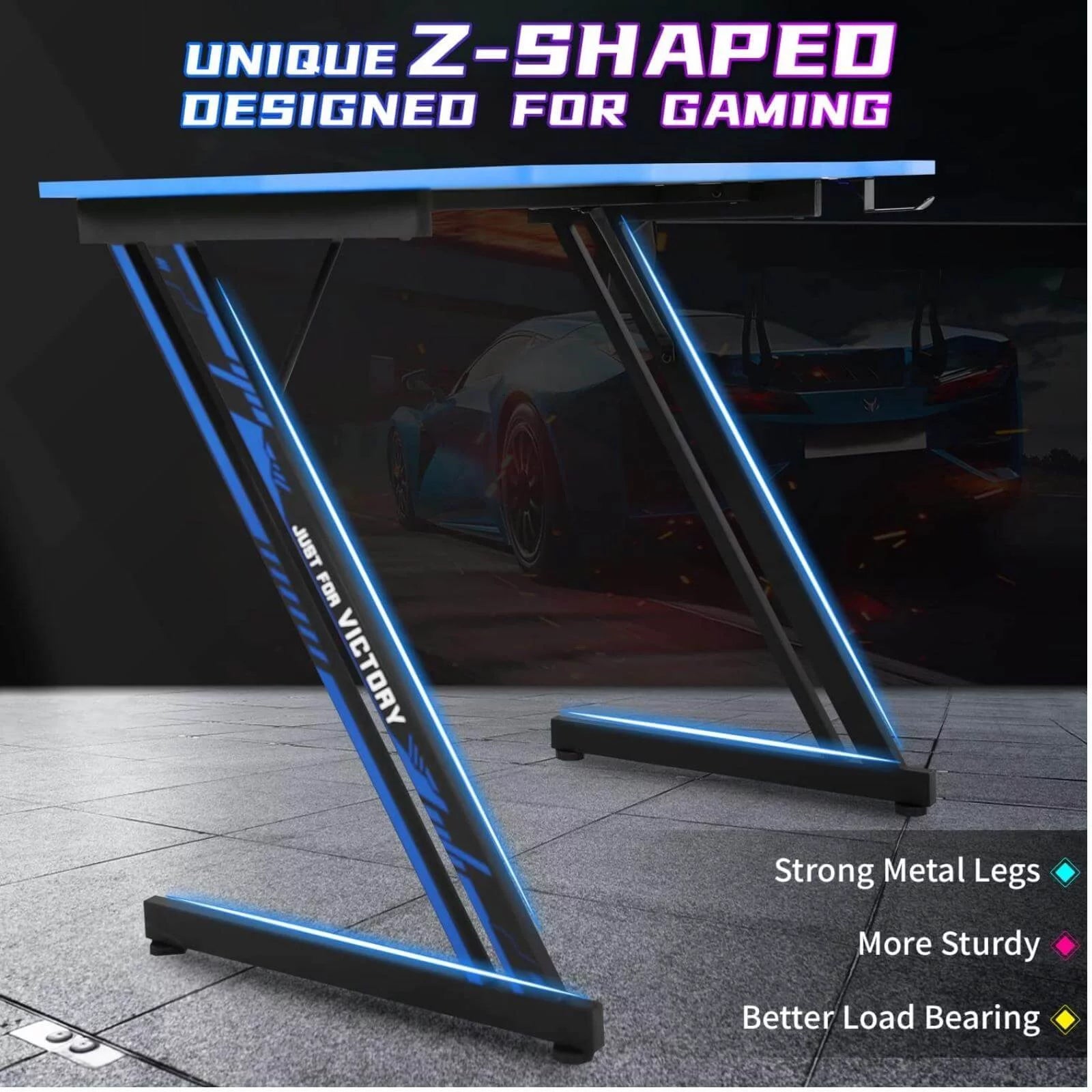 47 Inch Z-Shaped Gaming Desk, PC Computer Table Home Office Desk Ergonomic Gamer Workstation with Headphone Hook, Blue