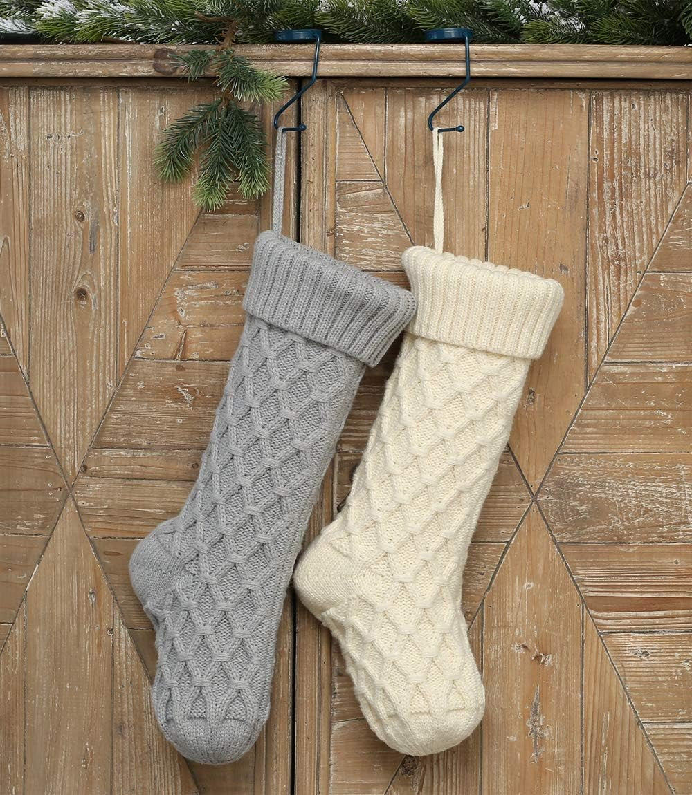 Christmas Stockings Cable Knit Argyle Xmas Stockings 18 Inches Large Size Personalized Ivory White and Gray for Family Holiday Season Decor 4 Pack