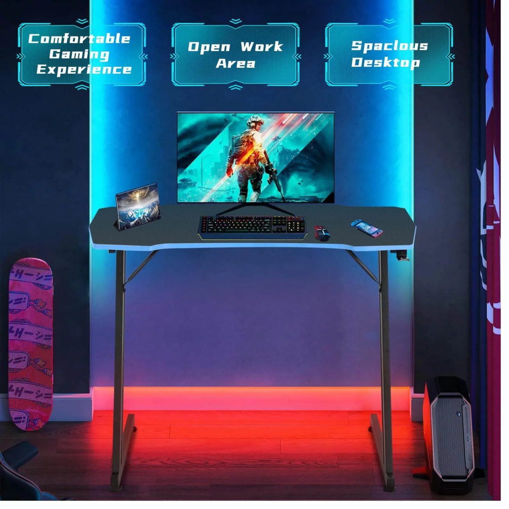 47 Inch Z-Shaped Gaming Desk, PC Computer Table Home Office Desk Ergonomic Gamer Workstation with Headphone Hook, Blue