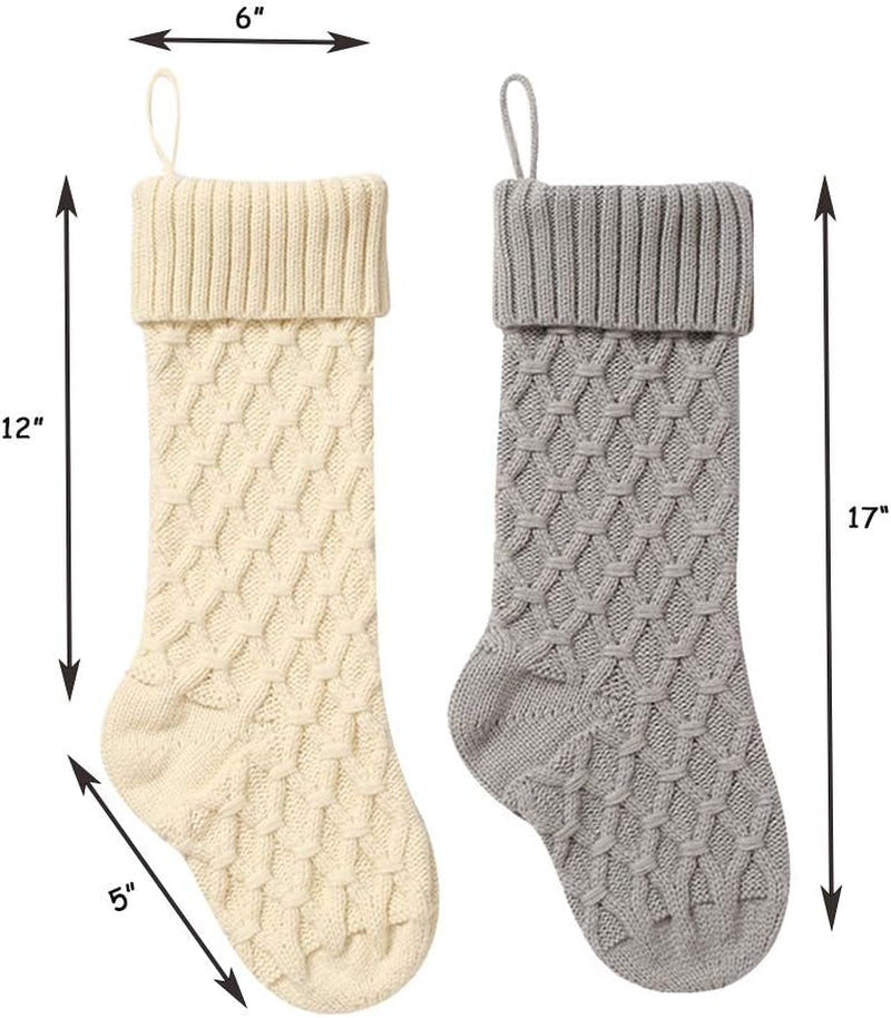 Christmas Stockings Cable Knit Argyle Xmas Stockings 18 Inches Large Size Personalized Ivory White and Gray for Family Holiday Season Decor 4 Pack
