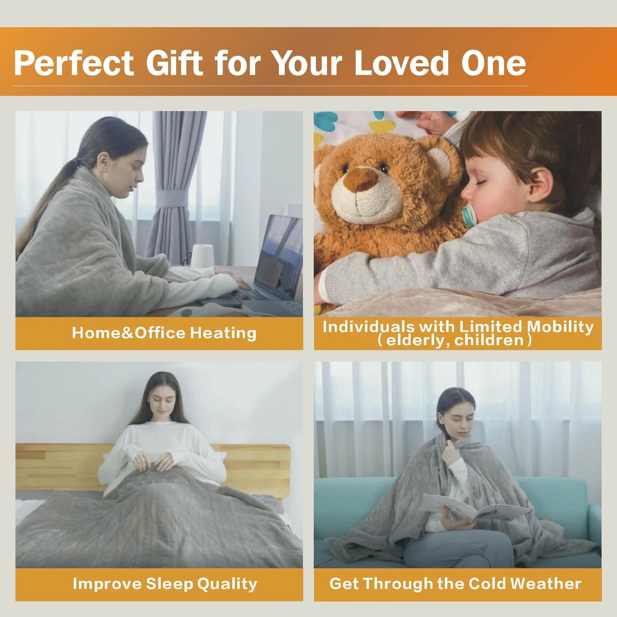 Heated Blanket Throw，50"X60"Double Flannel Heating Blanket for Home Office, Electric Blanket 4 Hours Auto-Off & Over-Heat Protection,Camel