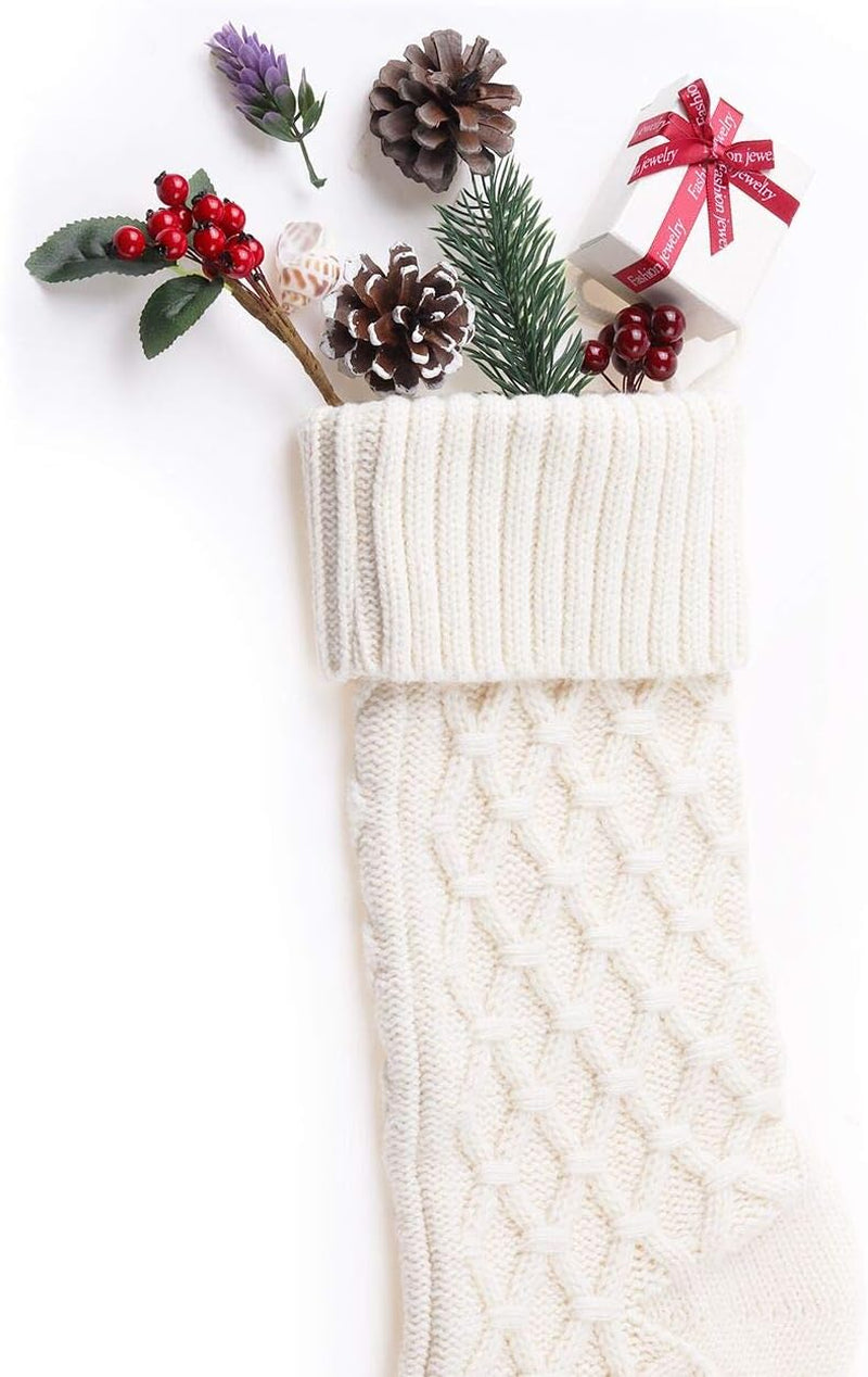 Christmas Stockings Cable Knit Argyle Xmas Stockings 18 Inches Large Size Personalized Ivory White and Gray for Family Holiday Season Decor 4 Pack