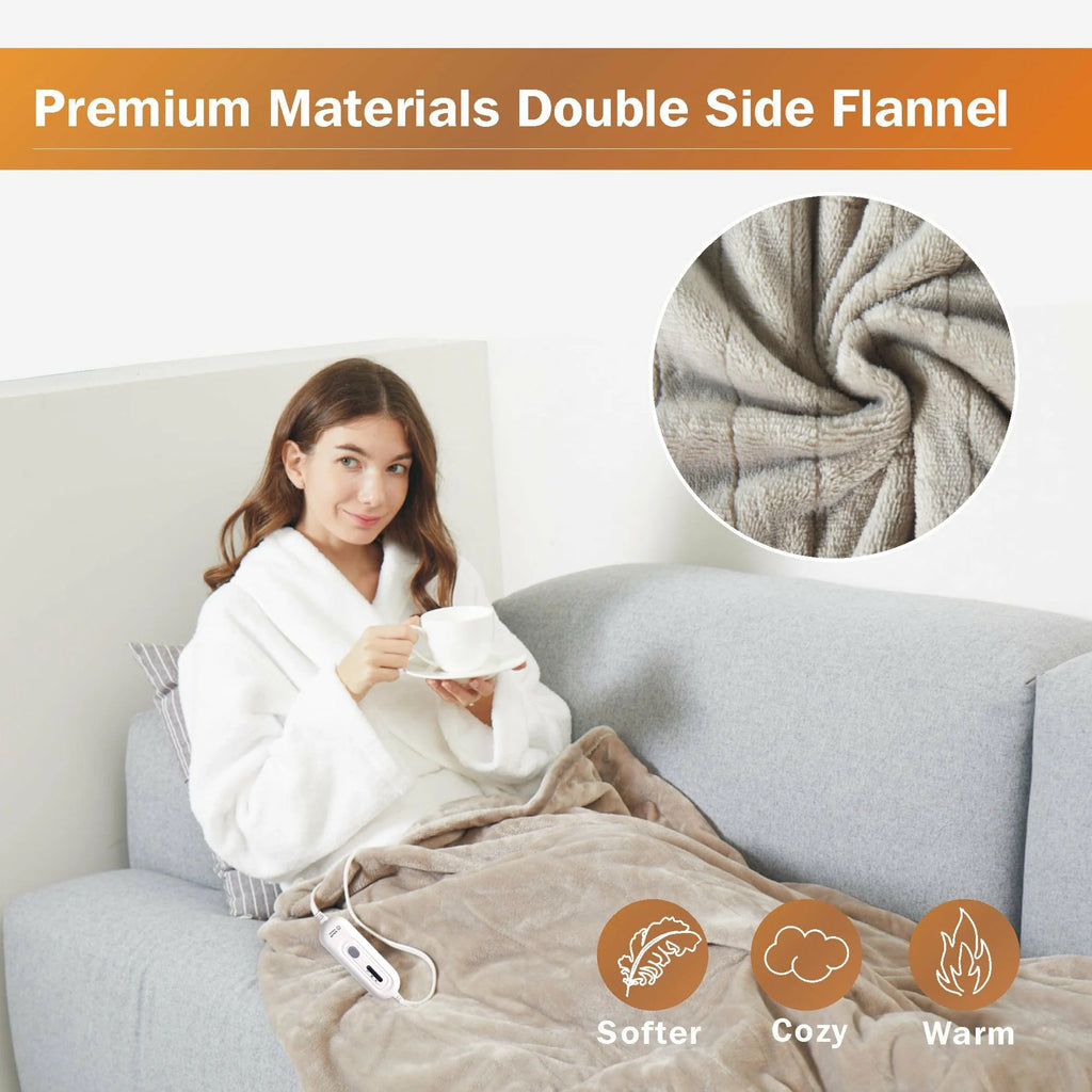 Heated Blanket Throw，50"X60"Double Flannel Heating Blanket for Home Office, Electric Blanket 4 Hours Auto-Off & Over-Heat Protection,Camel