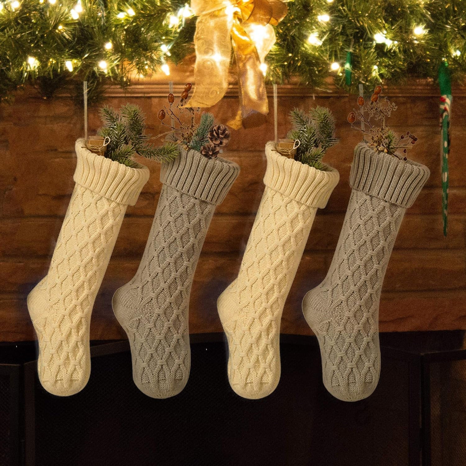 Christmas Stockings Cable Knit Argyle Xmas Stockings 18 Inches Large Size Personalized Ivory White and Gray for Family Holiday Season Decor 4 Pack
