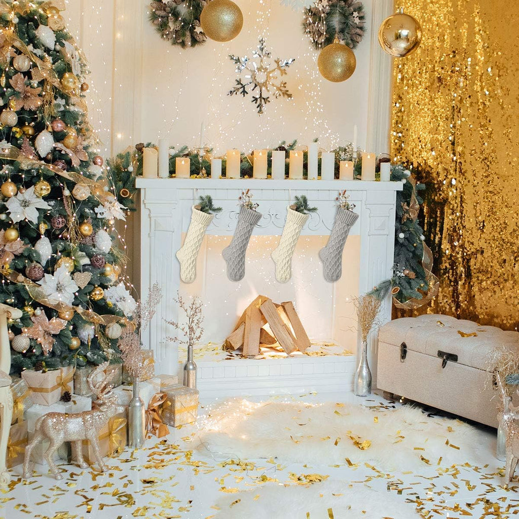 Christmas Stockings Cable Knit Argyle Xmas Stockings 18 Inches Large Size Personalized Ivory White and Gray for Family Holiday Season Decor 4 Pack