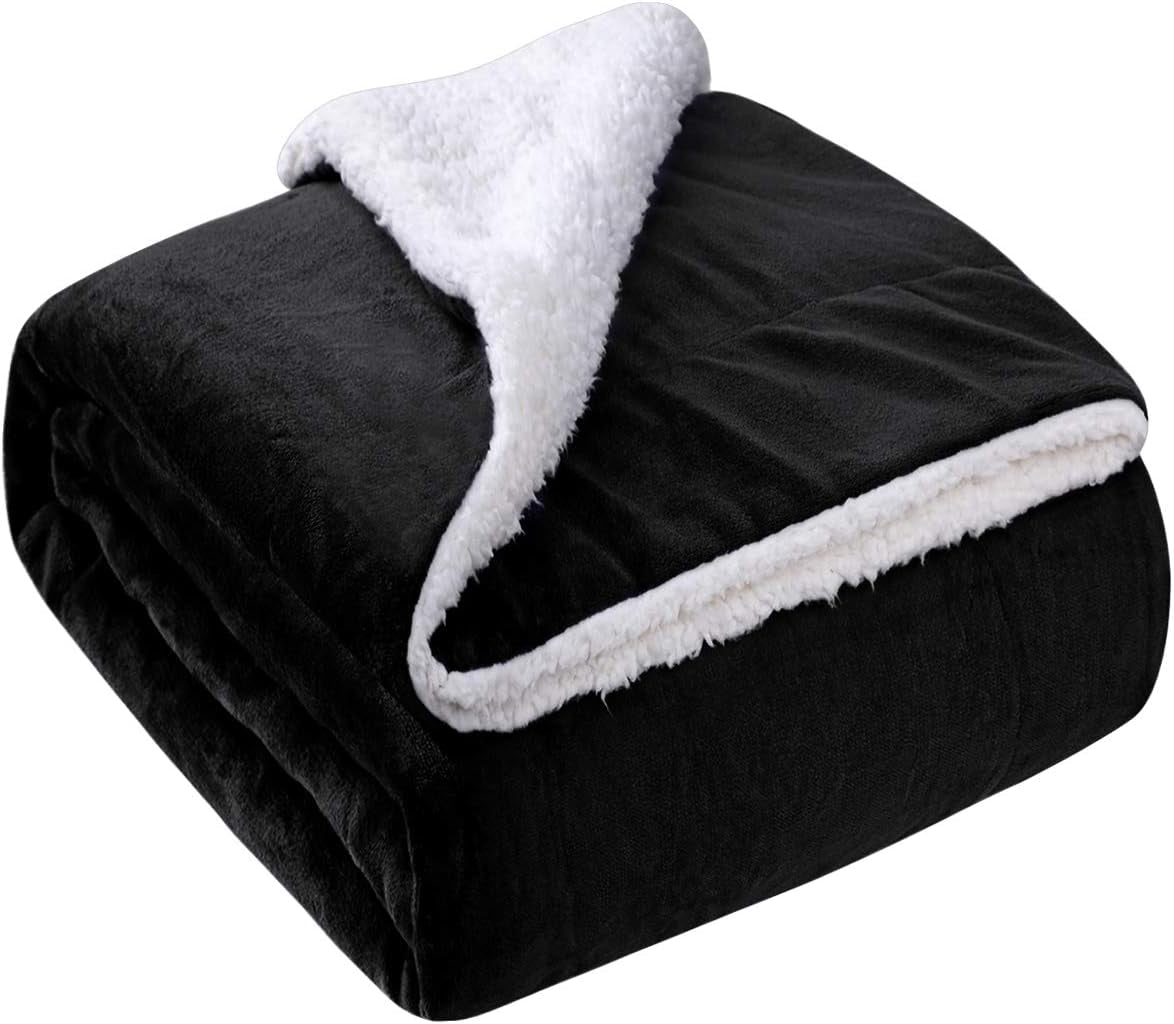 Fleece Sherpa Blanket for Couch(Black, Throw), Thick Warm Velvety Blanket for Winter Christmas, 50 X 60 Inches