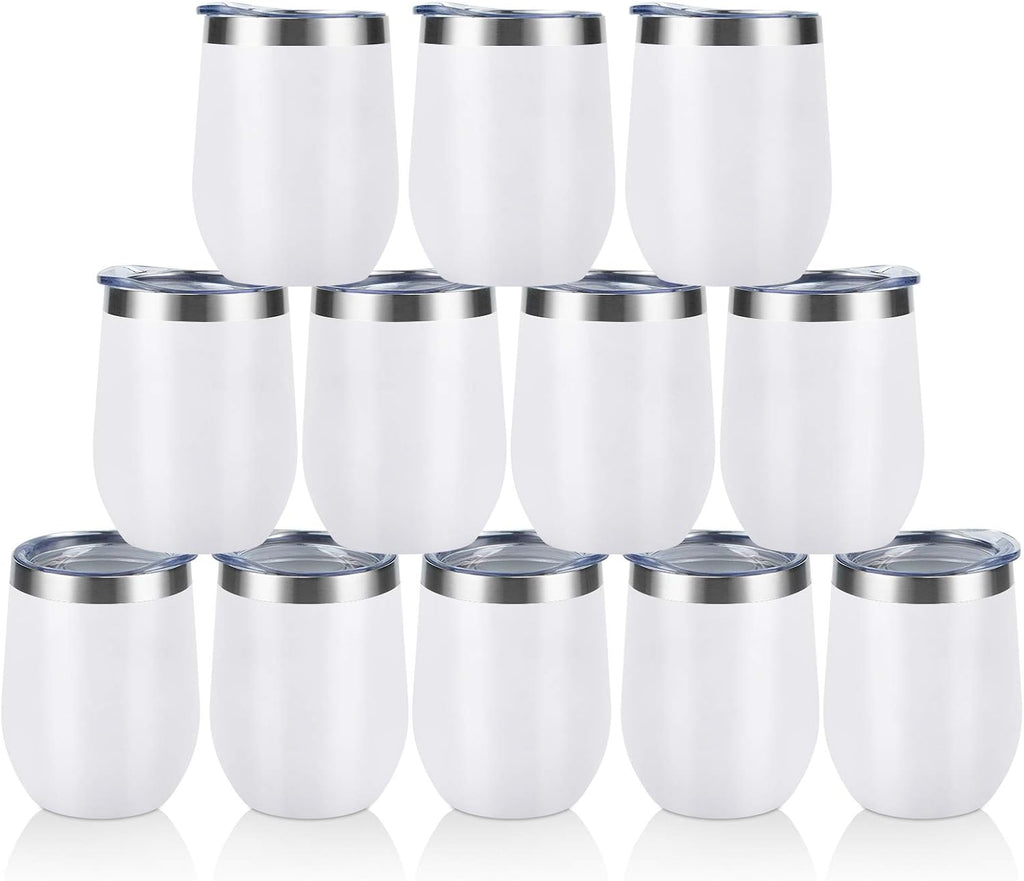 12 Pack Stainless Steel Wine Tumblers, 12Oz Double Wall Vacuum Insulated Wine Tumblers with Lids and Straws, Stainless Steel Stemless Wine Glasses for Coffee, Wine, Cocktails, Champaign, White…
