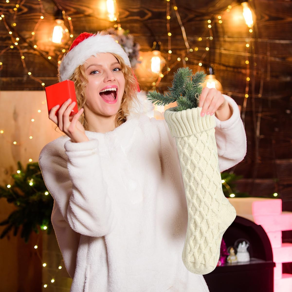 Christmas Stockings Cable Knit Argyle Xmas Stockings 18 Inches Large Size Personalized Ivory White and Gray for Family Holiday Season Decor 4 Pack